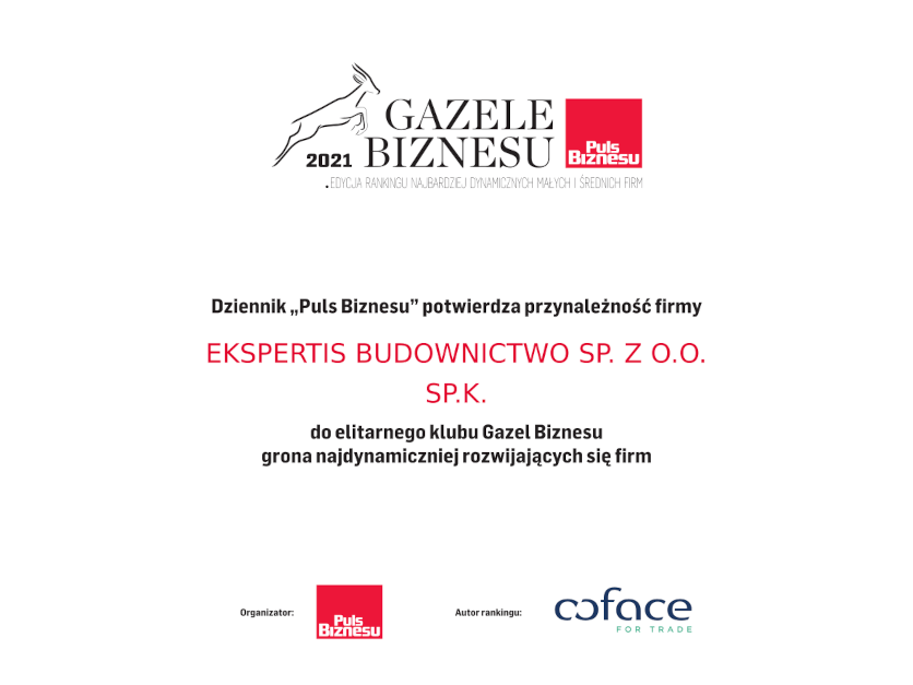 Ekspertis Budownictwo - Gazele Biznesu 2021 - dyplom